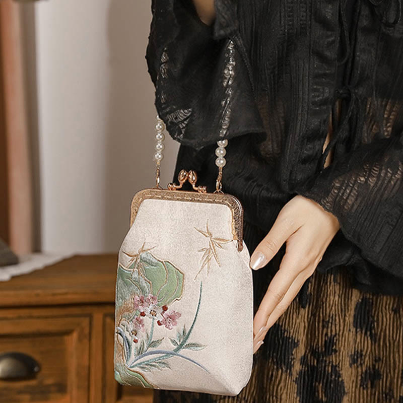 Nimara Ritual Mountain Stone Orchid Pattern Pearl Chain Crossbody Bag Handbag