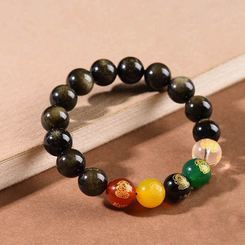 Nimara Ritual Gold Sheen Obsidian Rainbow Obsidian Black Obsidian Five Directions Gods of Wealth Bracelet