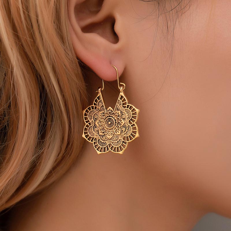 Nimara Ritual Tibetan Lotus Engraving Copper Blessing Drop Earrings