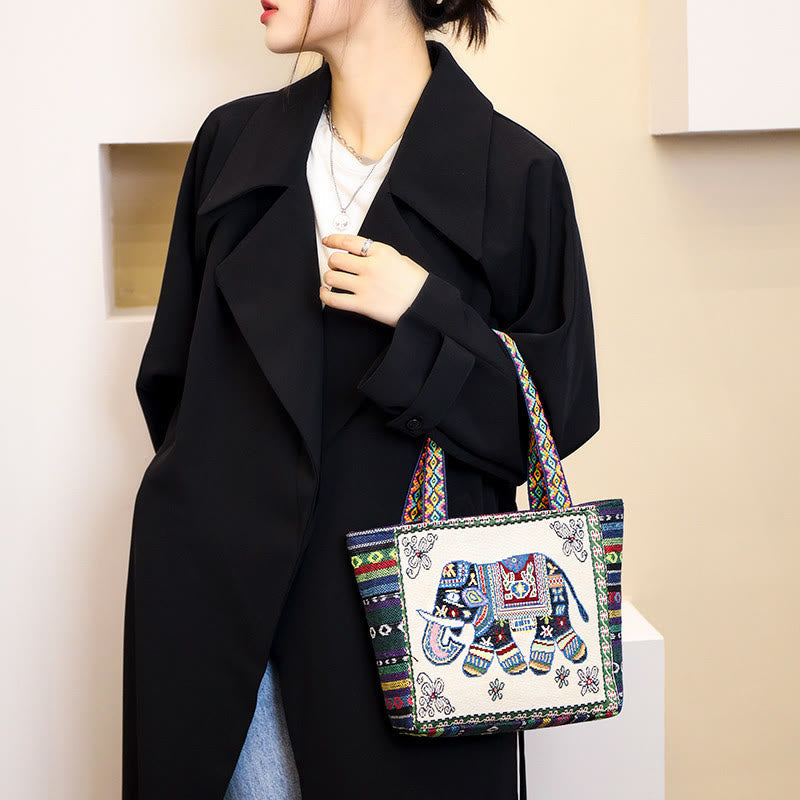 Nimara Ritual Elephant Butterfly Embroidered Large Capacity Canvas Tote Bag Shoulder Bag