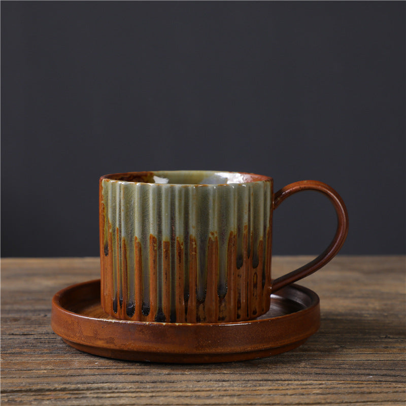 Nimara Ritual Retro Striped Kiln Change Ceramic Coffee Mug Rough Pottery Tea Coffee Cup With Saucer 250ml