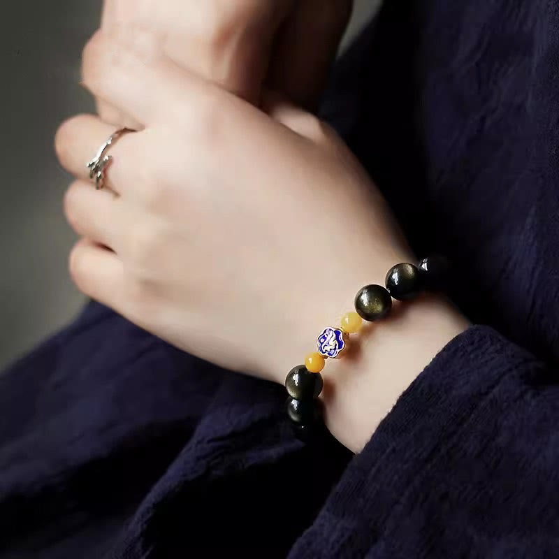 Nimara Ritual 925 Sterling Silver Chinese Zodiac Natal Buddha Natural Gold Sheen Obsidian Amber Wealth Protection Bracelet