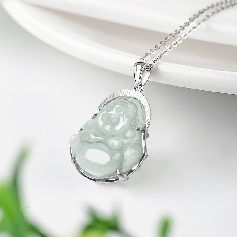 Nimara Ritual Laughing Buddha Jade Luck Calm Titanium Steel Chain Necklace Pendant