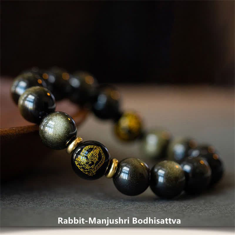 Nimara Ritual Chinese Zodiac Natal Buddha Gold Sheen Obsidian Wealth Protection Bracelet
