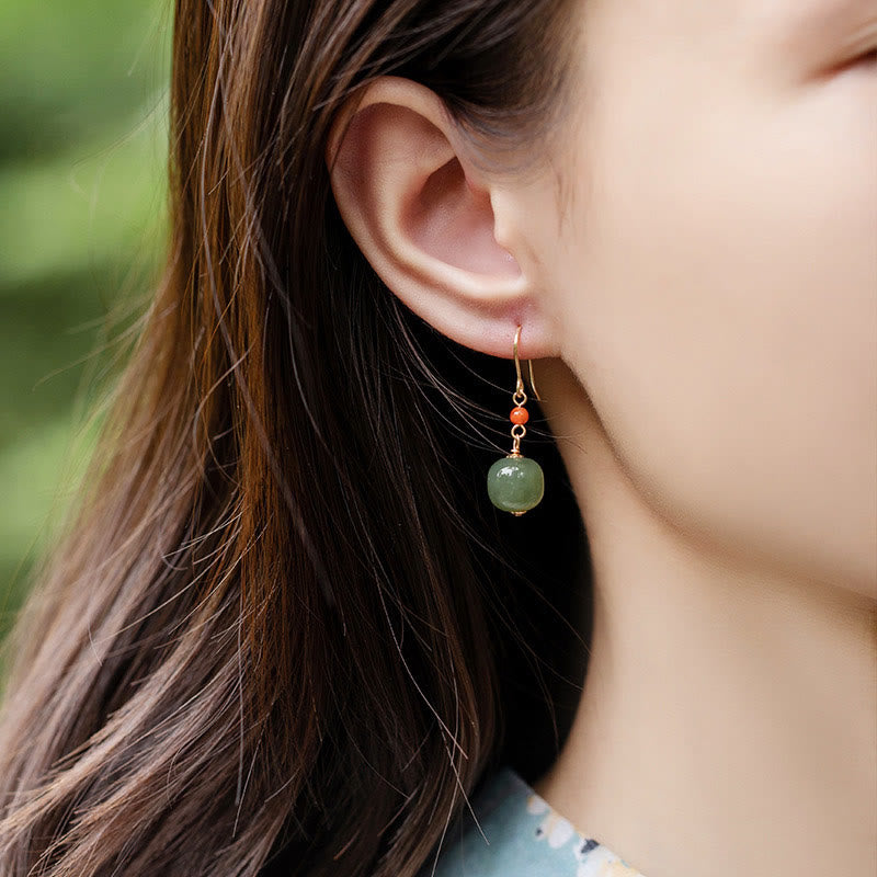 Nimara Ritual 925 Sterling Silver Plated 14k Gold Hetian Jade Red Agate Luck Drop Dangle Earrings