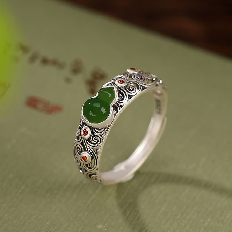 Nimara Ritual 925 Sterling Silver Red Agate Cyan Jade Gourd Blessing Auspicious Ring