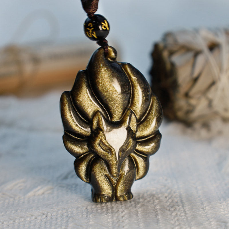 Nimara Ritual Natural Rainbow Obsidian Gold Sheen Obsidian Nine Tailed Fox Positive Necklace Pendant
