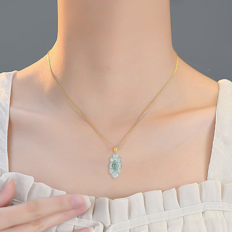 Nimara Ritual Natural Jade Lotus Pattern Prosperity Titanium Steel Chain Necklace Pendant
