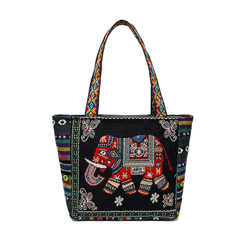 Nimara Ritual Elephant Butterfly Embroidered Large Capacity Canvas Tote Bag Shoulder Bag