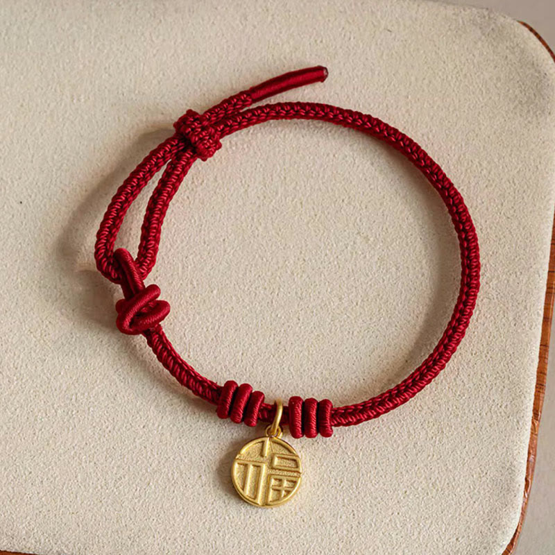Nimara Ritual Handmade Eight Thread Peace Knot Fu Character Charm Luck Happiness Red Rope Bracelet