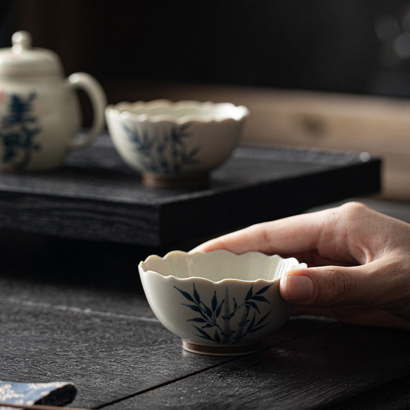 Nimara Ritual Small Blue Bamboo Leaves Ceramic Teacup Kung Fu Tea Cup Bowl