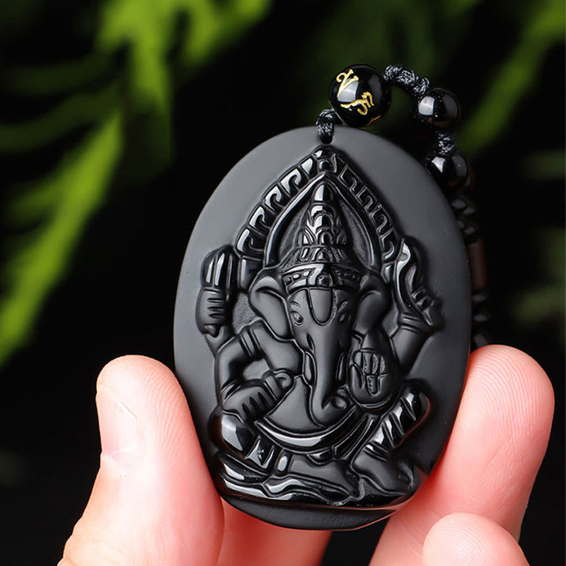 Nimara Ritual Tibetan Obsidian Ganesh Ganpati Elephant Wealth Amulet Necklace