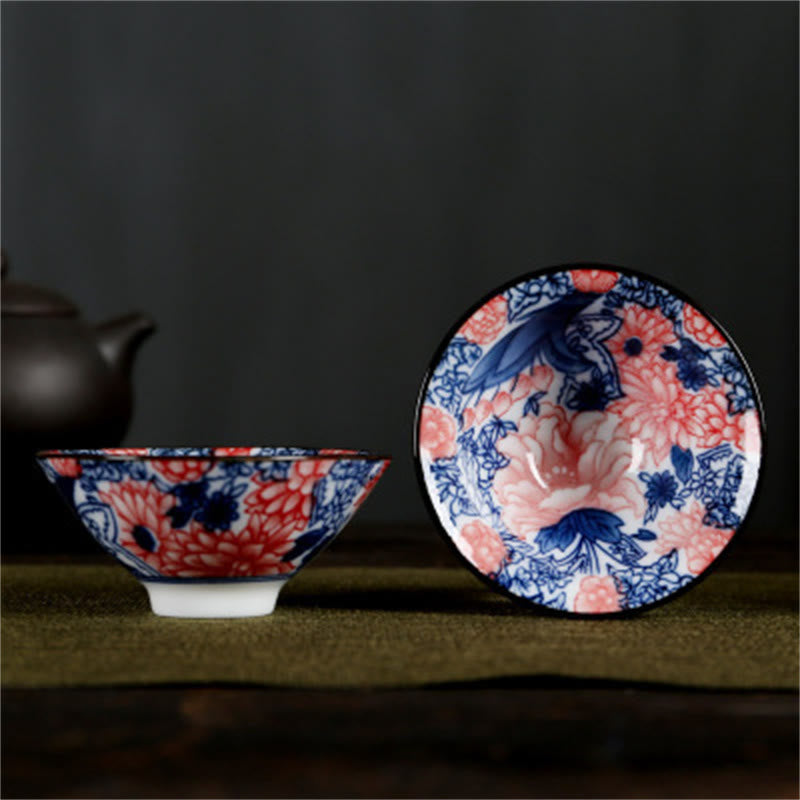 Nimara Ritual Flowers Fu Character Mountains Lotus Cherry Blossoms Ceramic Teacup Kung Fu Tea Cup