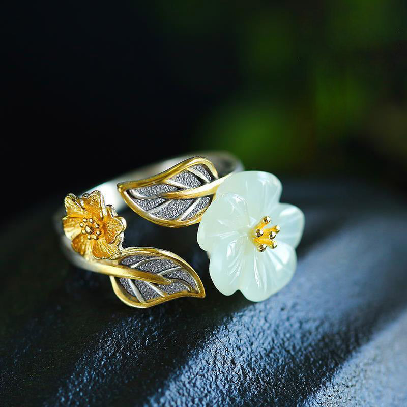 Nimara Ritual 925 Silver Plated Copper White Jade Plum Flower Leaf Luck Ring