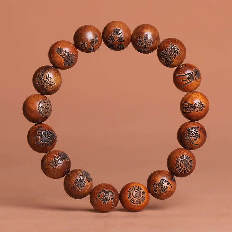 Nimara Ritual Lightning Struck Jujube Wood Yin Yang Bagua Taoist Taboo Scripture Symbol Engraved Luck Bracelet