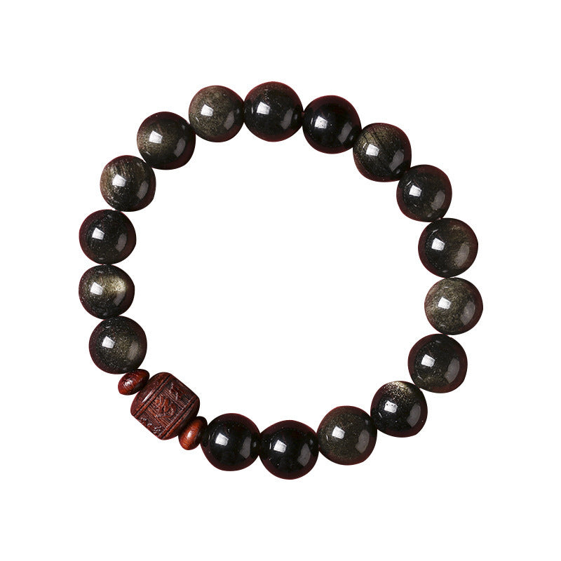 Nimara Ritual Natural Gold Sheen Obsidian Rainbow Obsidian Om Mani Padme Hum Fu Character Healing Bracelet