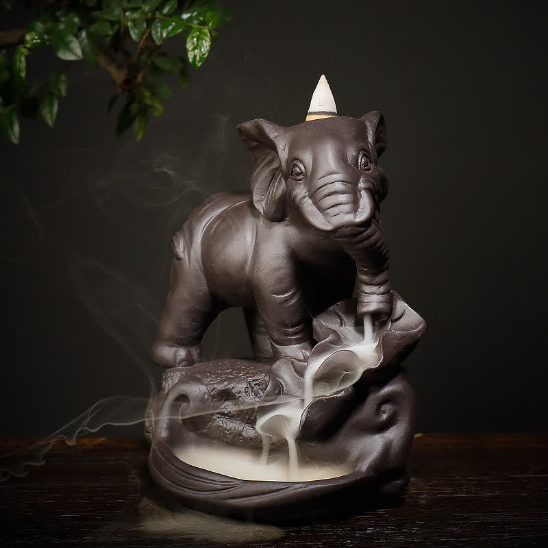 Nimara Ritual Tibetan Elephant Purple Clay Backflow Smoke Fountain Peace Healing Incense Burner Decoration