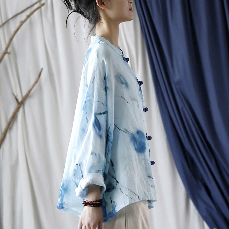 Nimara Ritual Tie Dye Blue Flowers Frog-Button Design Long Sleeve Ramie Linen Jacket Shirt