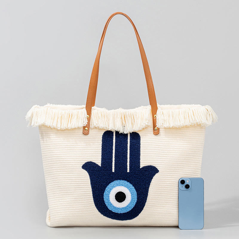 Nimara Ritual Large Capacity Evil Eye Leaf Hamsa Tassel Canvas Tote Shoulder Bag