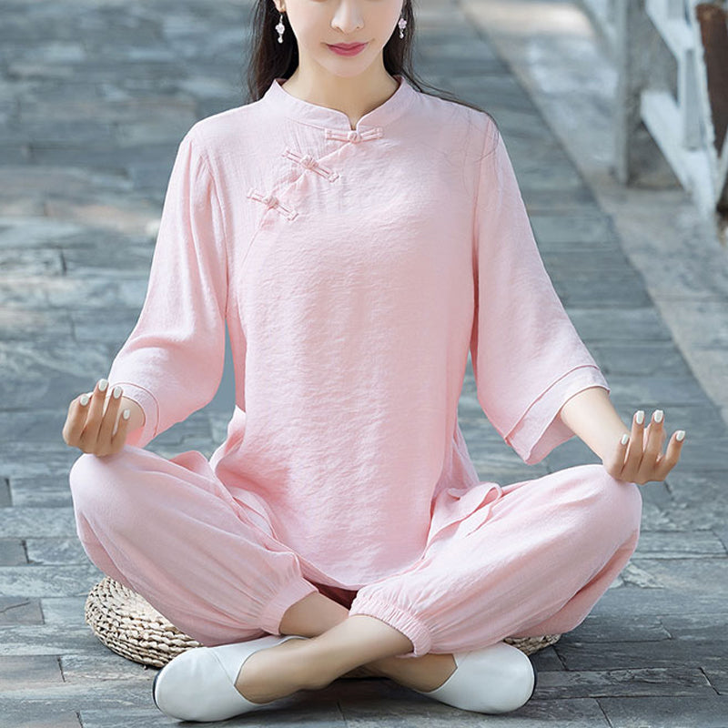 Nimara Ritual 2Pcs Plain Design Top Pants Meditation Yoga Zen Tai Chi Cotton Linen Clothing Women's Set