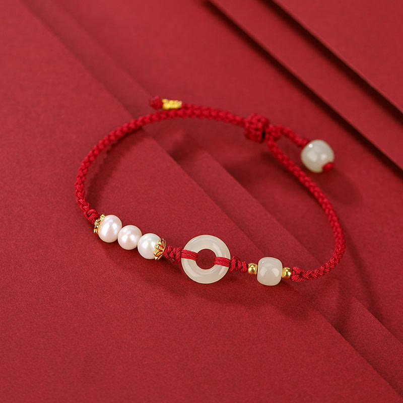 Nimara Ritual 925 Sterling Silver Plated Gold Hetian Jade Peace Buckle Pearl Luck Bracelet