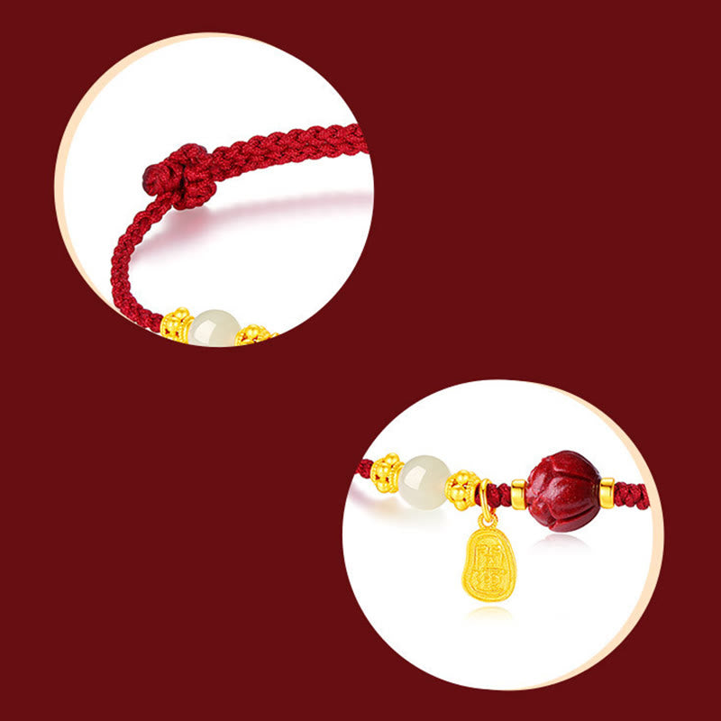 Nimara Ritual 24K Gold Plated Hetian White Jade Cinnabar Lotus Luck Rope Bracelet