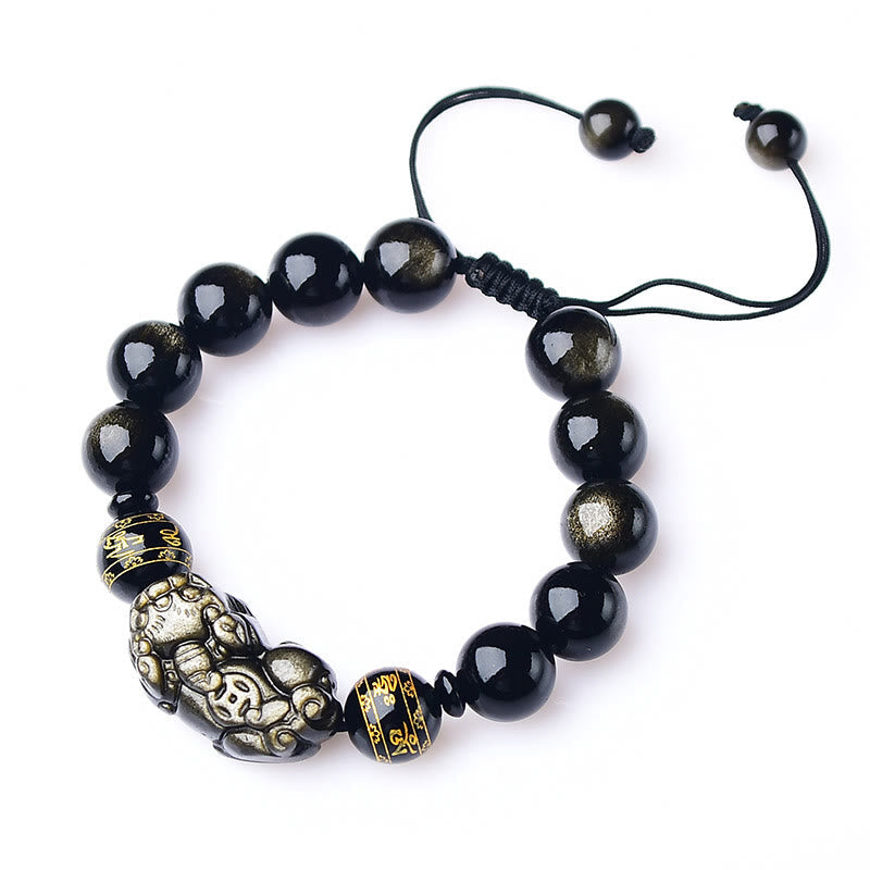 Nimara Ritual Natural Gold Sheen Obsidian PiXiu Om Mani Padme Hum Wealth Braided Bracelet