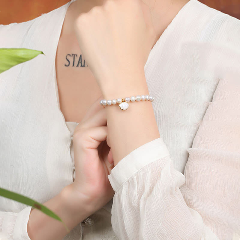 Nimara Ritual 14K Gold Plated Natural Pearl Crystal Shell Charm Bead Bracelet