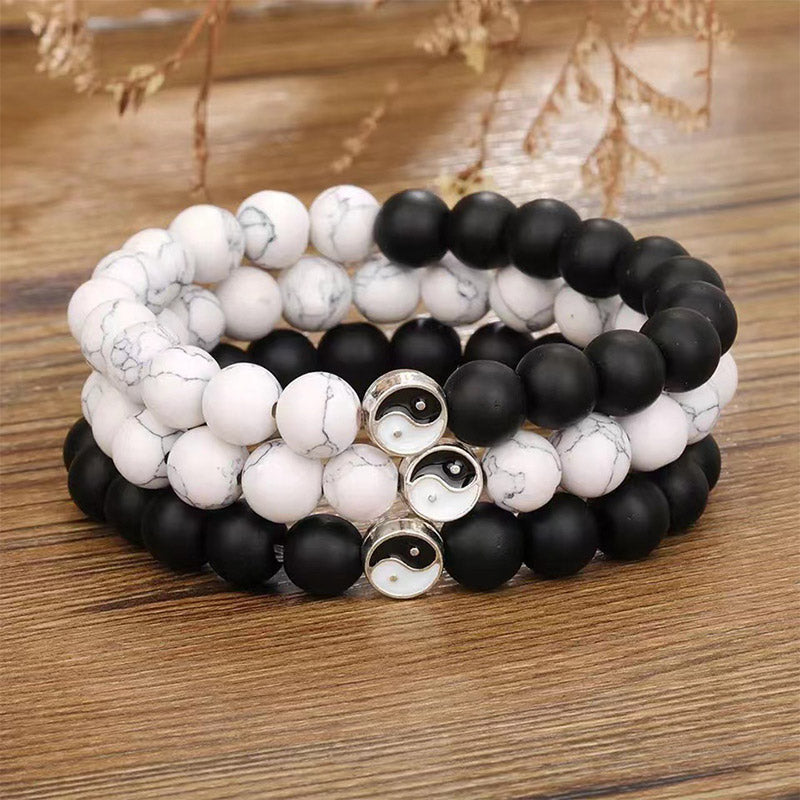 Nimara Ritual 3pcs Natural White Turquoise Frosted Stone Bead Yin Yang Wealth Bracelet