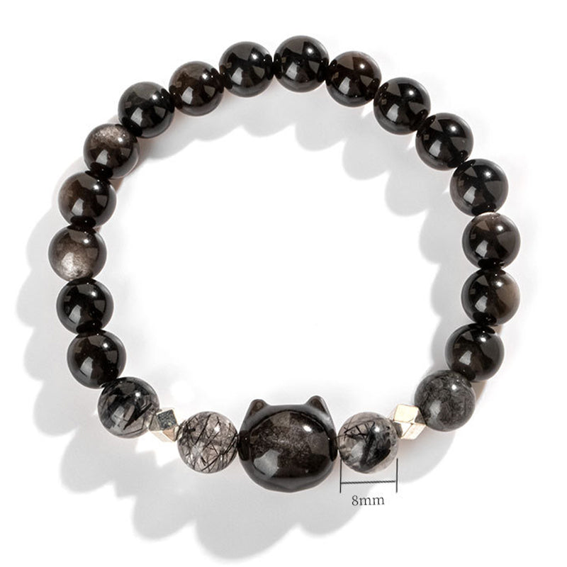 Nimara Ritual Natural Silver Sheen Obsidian Cute Cat Head Protection Bracelet