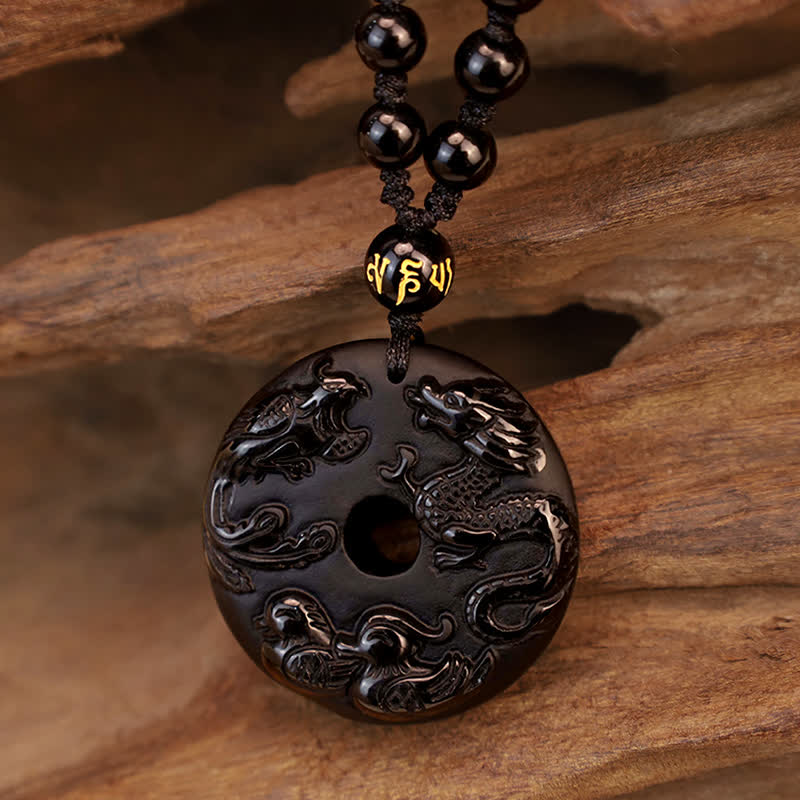 Nimara Ritual Black Obsidian Dragon Phoenix Mandarin Duck Luck Protection Necklace Pendant