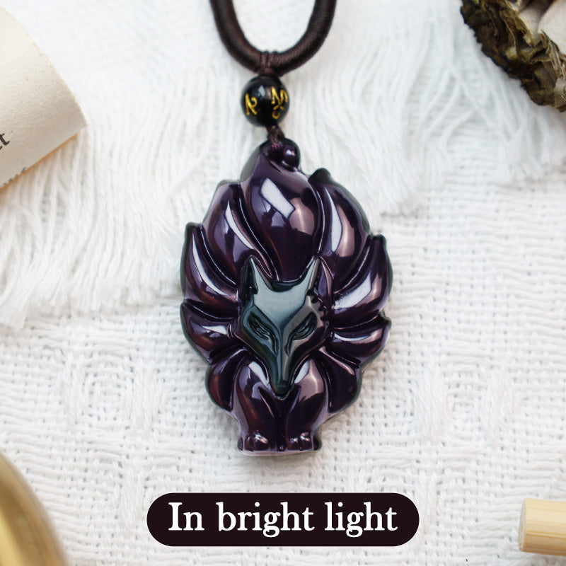 Nimara Ritual Natural Rainbow Obsidian Gold Sheen Obsidian Nine Tailed Fox Positive Necklace Pendant