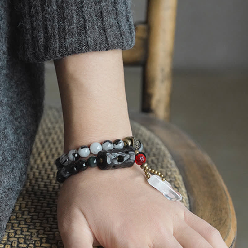 Nimara Ritual Black Rutilated Quartz Ebony Wood White Crystal Success Couple Bracelet