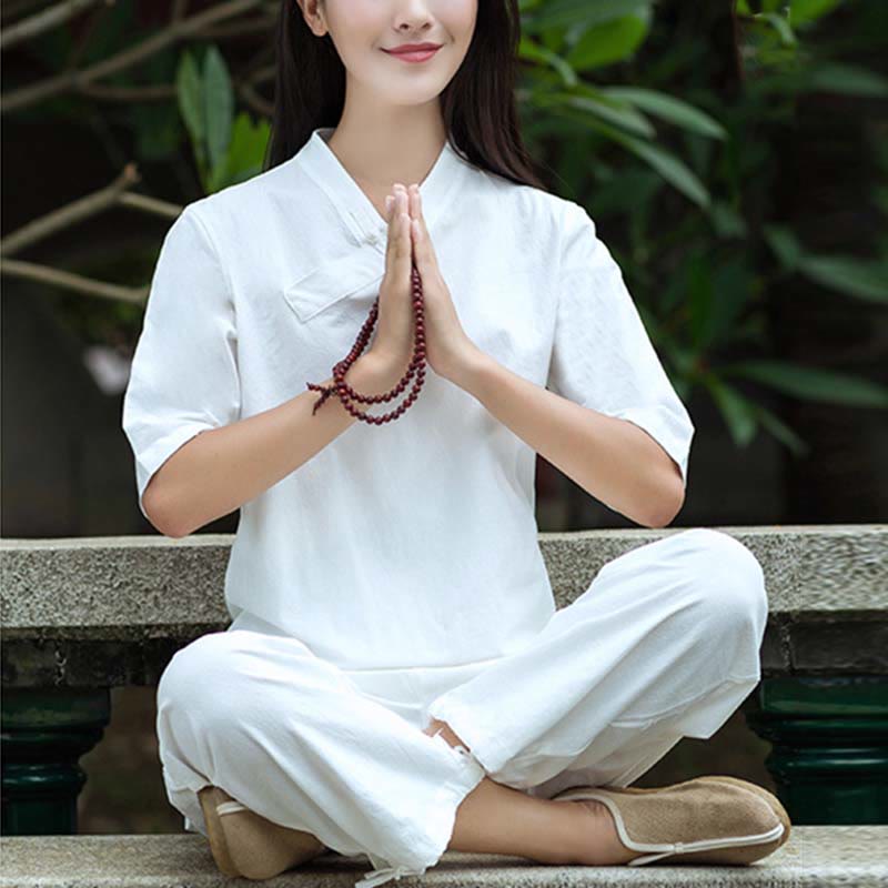 Nimara Ritual 2Pcs Half Sleeve V-Neck Shirt Top Pants Meditation Zen Tai Chi Linen Clothing Women's Set