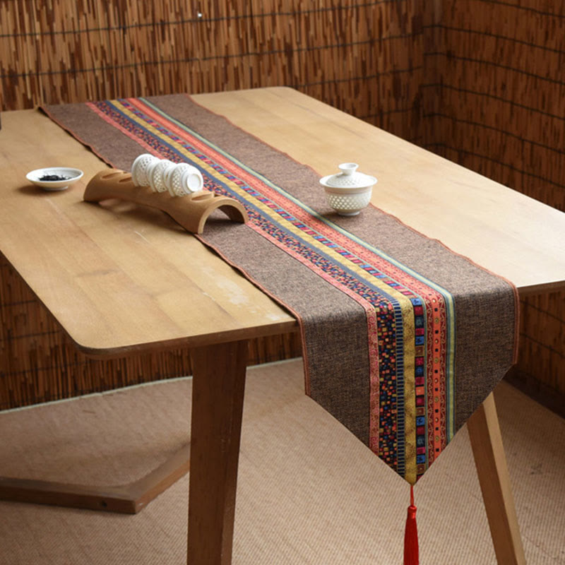 Nimara Ritual Classic Chinese Style Lotus Koi Fish Flower Crane Calligraphy Enlightenment Cotton Linen Tassels Table Runner