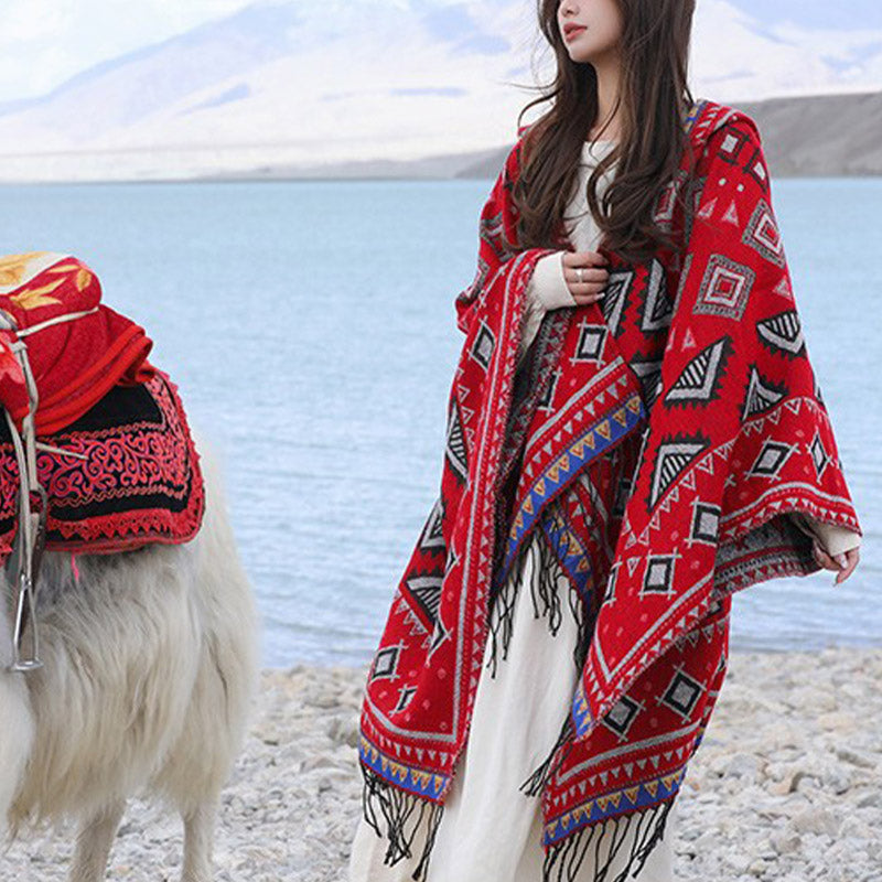 Nimara Ritual Tibetan Shawl Triangle Pattern Hooded Cloak Winter Cozy Travel Scarf Wrap