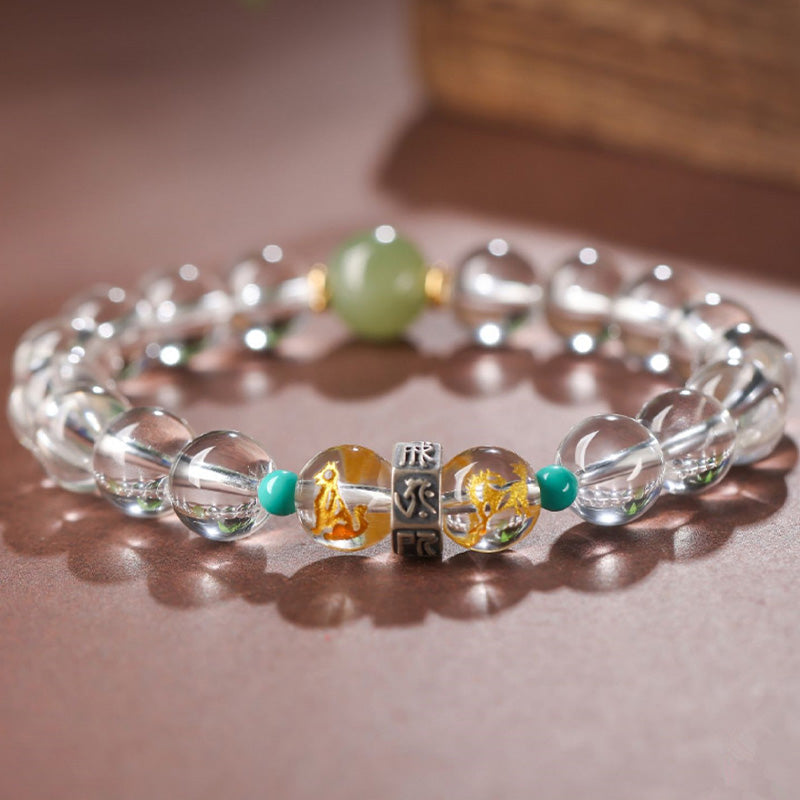 Nimara Ritual 925 Sterling Silver Chinese Zodiac Natal Buddha Auspicious Groups White Crystal Hetian Jade Healing Bracelet