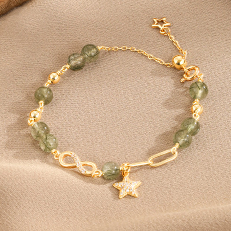 Nimara Ritual 14k Gold Plated Copper Green Rutilated Quartz MAbius Loop Eternal Love Star Protection Bracelet