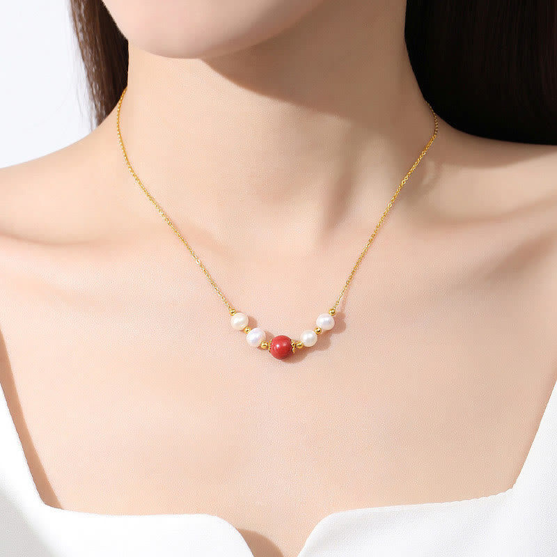 Nimara Ritual 925 Sterling Silver Pearl Cinnabar Sincerity Healing Bead Chain Necklace Pendant