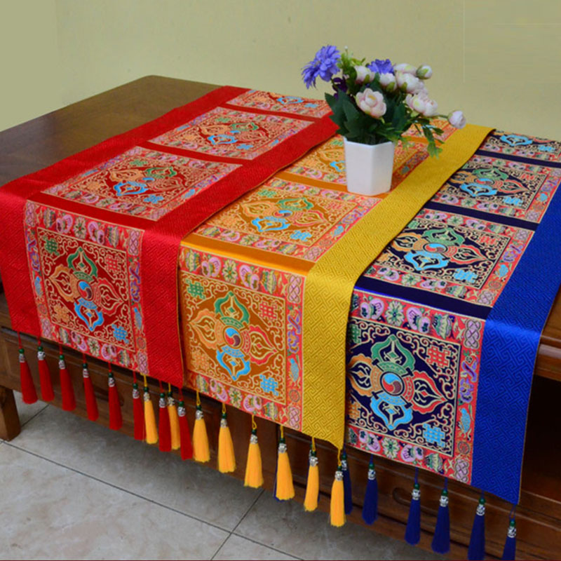 Nimara Ritual Prayer Altar Mat Man-Bcu Kalachakra Endless Knot Vajra Tibetan Auspicious Symbols Tassels Table Runner