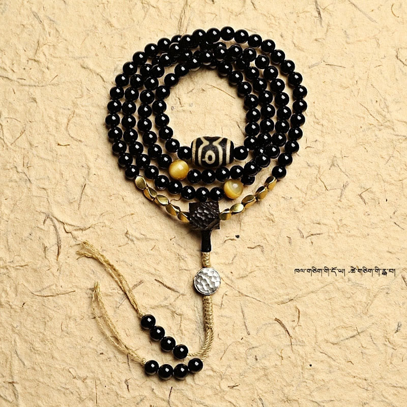 Nimara Ritual Tibetan 108 Mala Beads Black Onyx Three-eyed Dzi Beads Protection Bracelet
