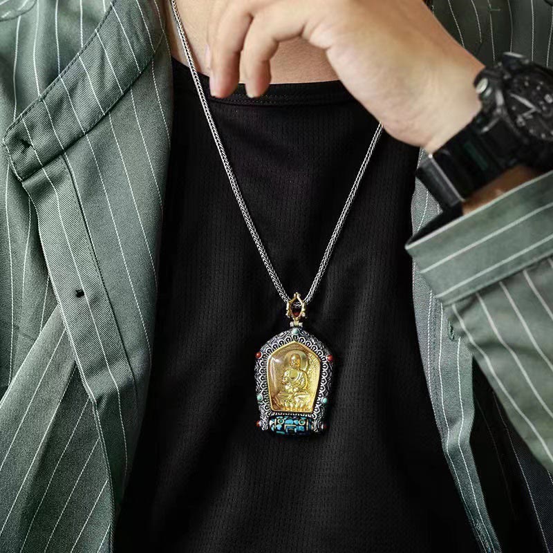 Nimara Ritual Tibet Chinese Zodiac Natal Buddha Thangka Prosperity Rotatable Dzi Bead Necklace Pendant
