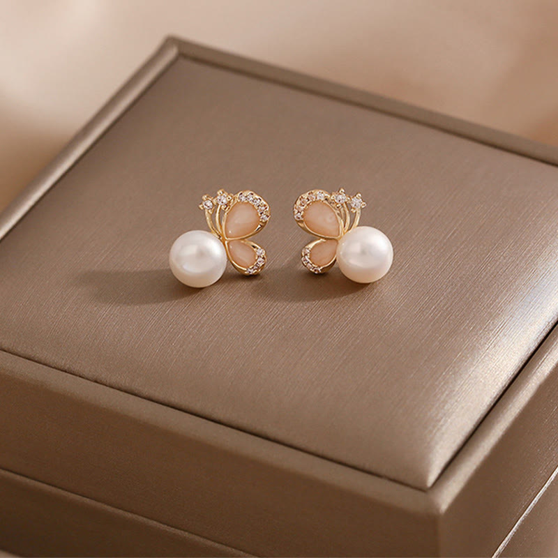 Nimara Ritual 18k Gold Plated Pearl Butterfly Love Freedom Stud Earrings