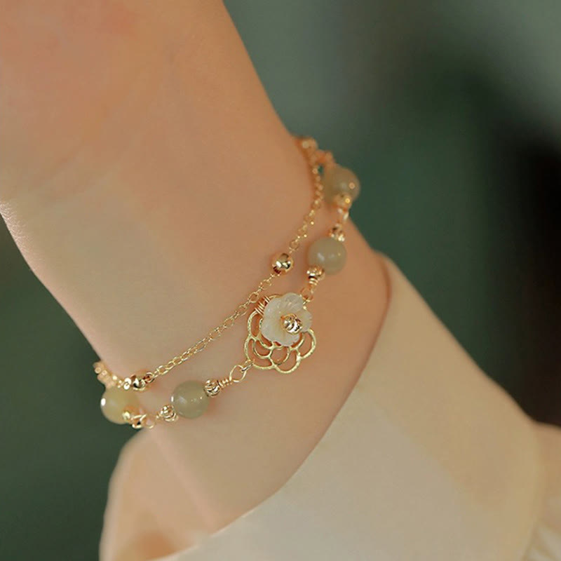 Nimara Ritual 14K Gold Plated Jade Butterfly Tridacna Stone Flower Double Layer Luck Bracelet