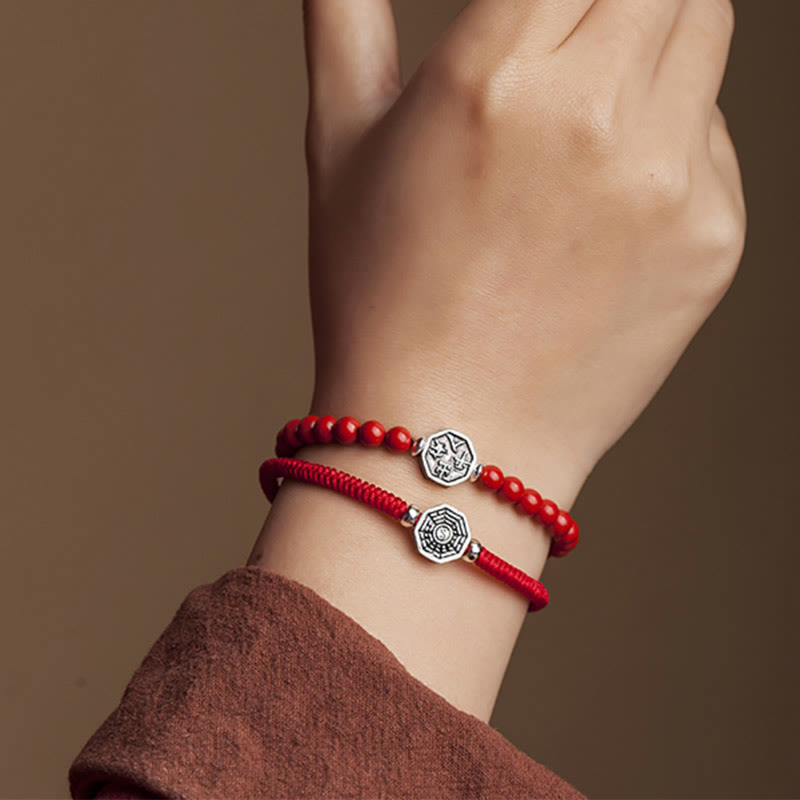 Nimara Ritual 925 Sterling Silver Yin Yang Bagua Symbol Cinnabar String Concentration Bracelet