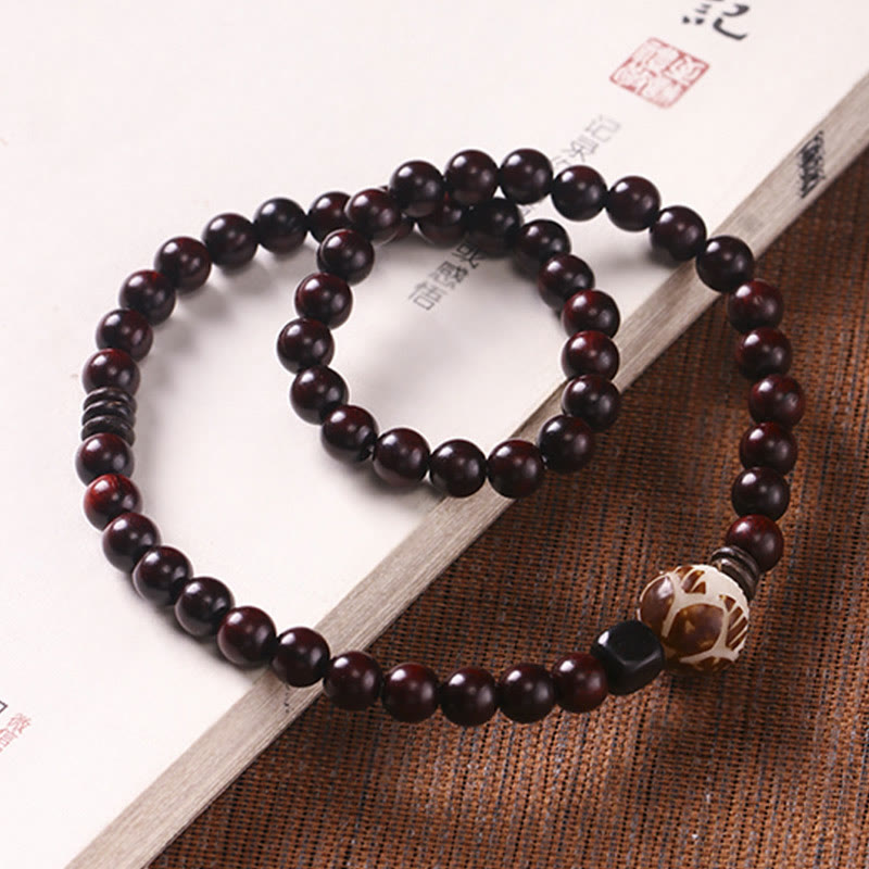 Nimara Ritual Small Leaf Red Sandalwood Lotus Bodhi Seed Carved Protection Double Wrap Bracelet