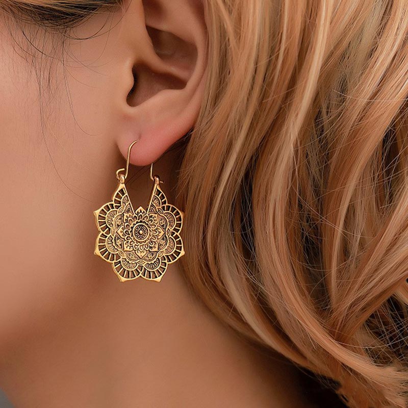 Nimara Ritual Tibetan Lotus Engraving Copper Blessing Drop Earrings