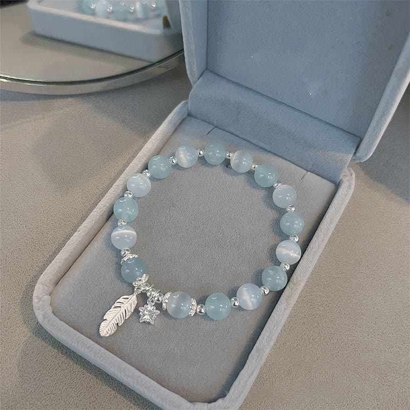 Nimara Ritual 925 Sterling Silver Aquamarine Cat's Eye Healing Feather Star Charm Bracelet