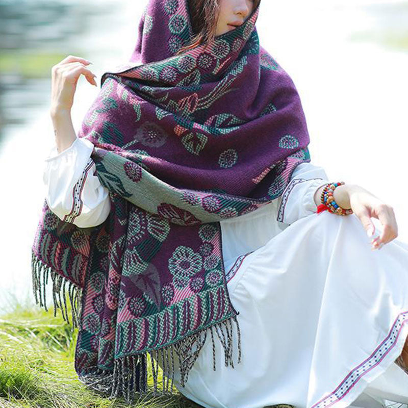 Nimara Ritual Tibetan Flower Floral Leaves Pattern Design Shawl Cozy Travel Scarf Wrap