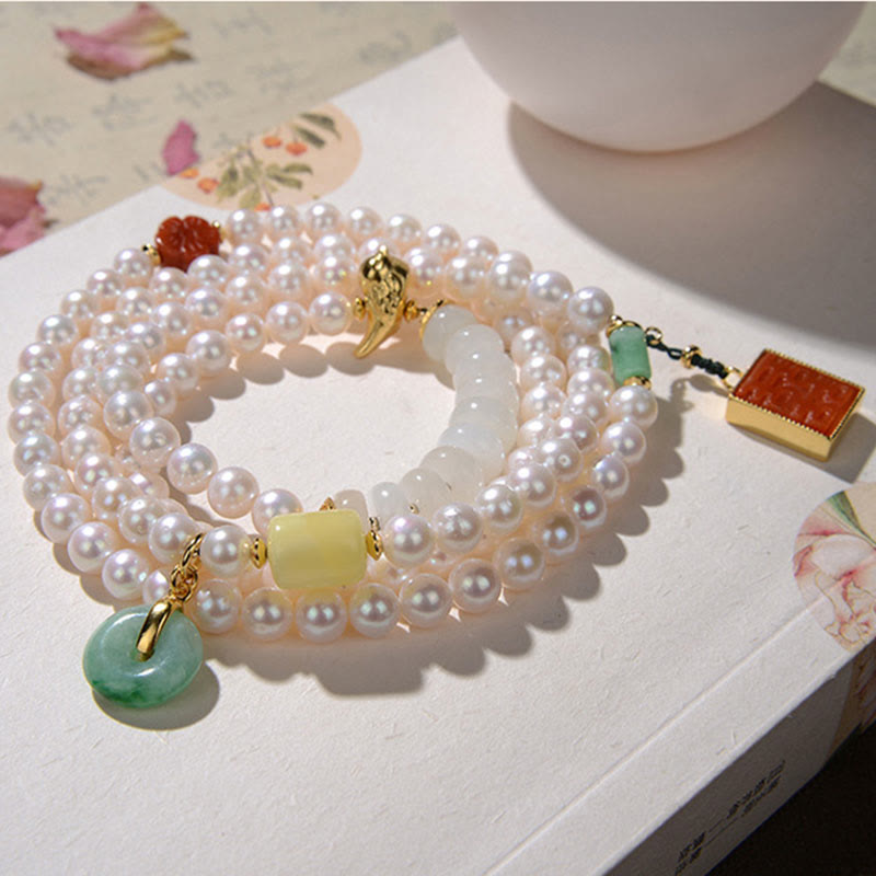 Nimara Ritual 925 Sterling Silver Pearl Hetian Jade Red Agate Double Happiness Amber Luck Quadruple Wrap Bracelet